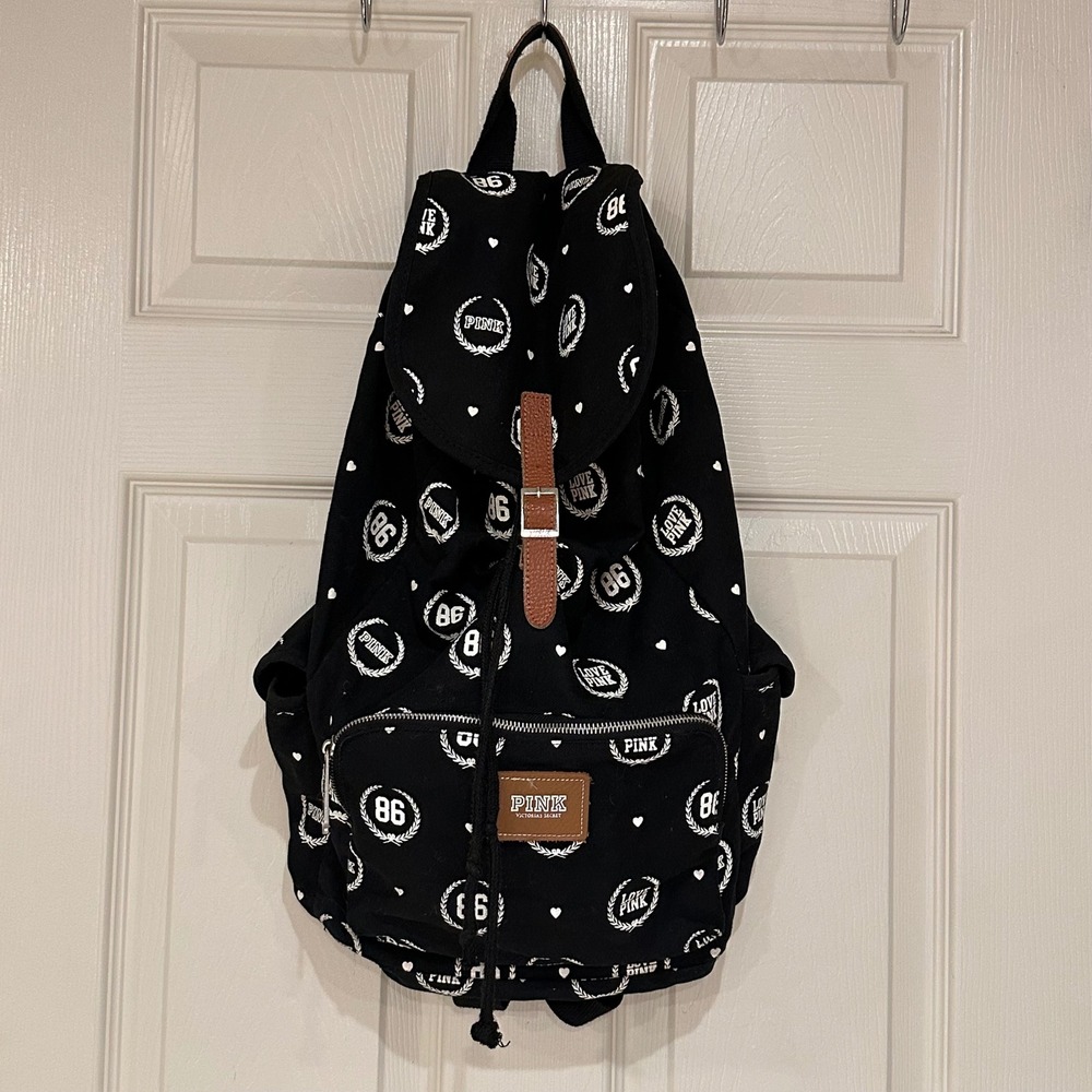Victoria's Secret PINK Black Canvas Logo Print Drawstring Backpack 86 Hearts